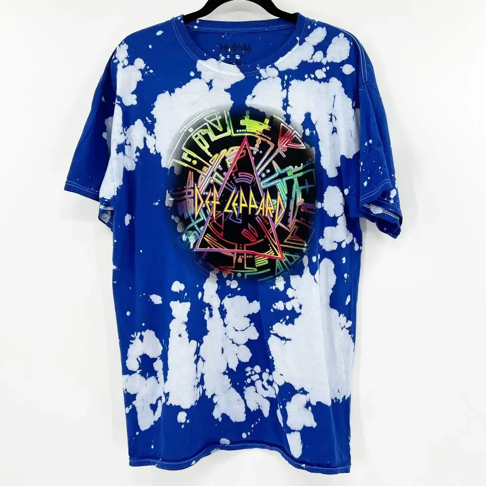 Def Leppard Unisex Blue Tie‎ Dye Graphic Print Short Sleeve Band Tee T Shirt SP